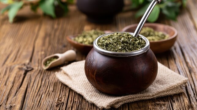 Traditional yerba mate gourd with metal straw on a rustic wooden table