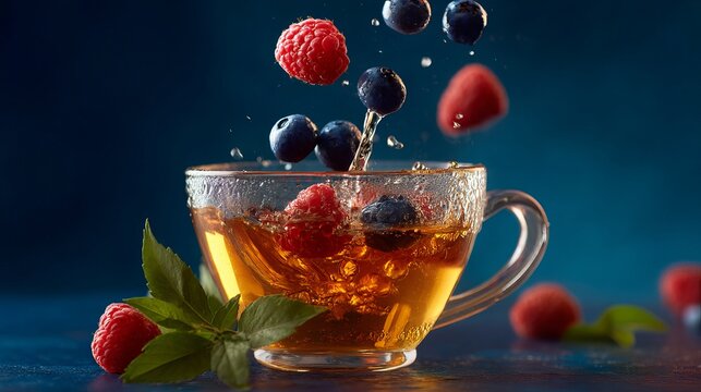 Fresh raspberries and blueberries suspended above a steaming cup of tea, representing a refreshing summertime beverage concept