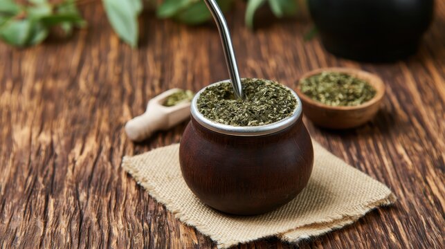 Traditional yerba mate tea served in a gourd with a metal straw on wood