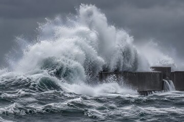 Obraz premium Waves crash against a pier during a stormy day at the coast