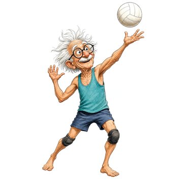 Funny Grandpa Serving Volleyball Overhand Cartoon Illustration