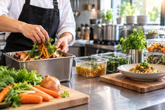 Chef sorting vegetable scraps in commercial kitchen