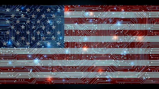 American flag integrated with glowing electronic circuit board patterns creating a futuristic digital representation of national pride and modern technology