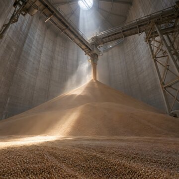 Grain being unloaded into a large storage silo at a processing facility