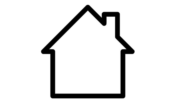 Minimalist house icon with chimney, black outline home symbol on white background, simple real estate building graphic for web design
