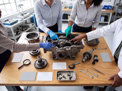 Diverse engineers analyzing a complex mechanical engine on a workbench