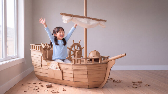 Happy young girl with raised hands playing pretend pirate adventure