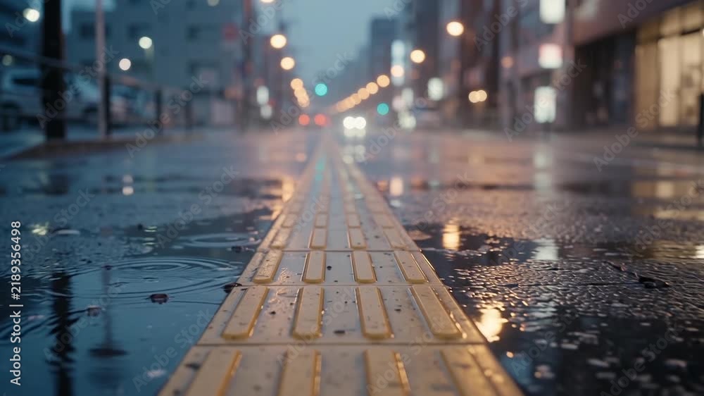 Wet yellow tactile paving guides visually impaired pedestrians on rainy evening street