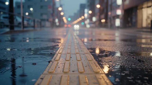 Wet yellow tactile paving guides visually impaired pedestrians on rainy evening street