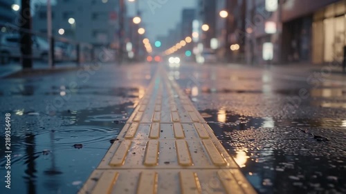 Wet yellow tactile paving guides visually impaired pedestrians on rainy evening street