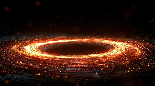 Glowing orange circular light streaks rotating in dark space creating dynamic energy patterns with shimmering particles and high contrast depth