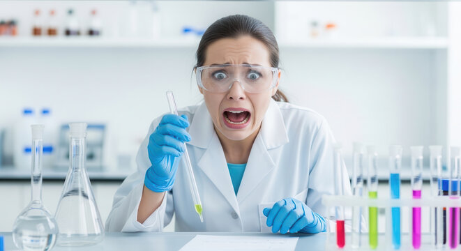 Terrified female scientist wearing safety goggles and a white lab coat panics in a laboratory, holding a pipette with green liquid while reacting to a failed chemical experiment or a dangerous.