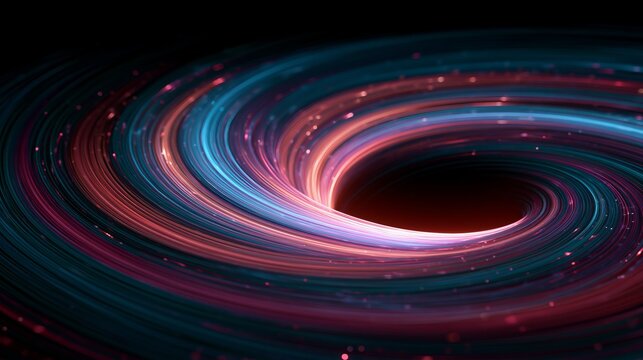 Swirling vortex of glowing neon fiber optic lines creates a mesmerizing abstract pattern with deep blue and vibrant pink colors
