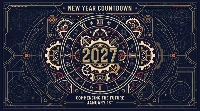 New year 2027 countdown poster with intricate mechanical gears, clockwork elements, and steampunk aesthetic on a dark blue background