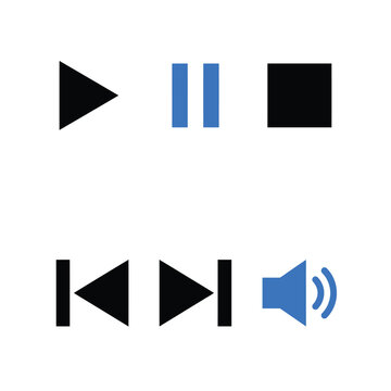 Standard media control symbols set. Vector interface icons for playback, pause, stop, volume, and navigation buttons in modern flat style for web and app design isolated on White Background