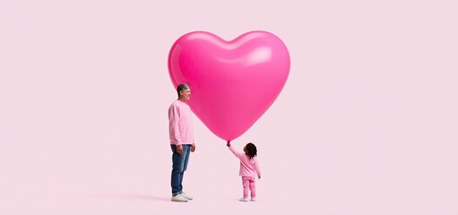 Naklejka premium A child and parent holding a pink heart balloon symbolizing family love and unity against a pastel backdrop.