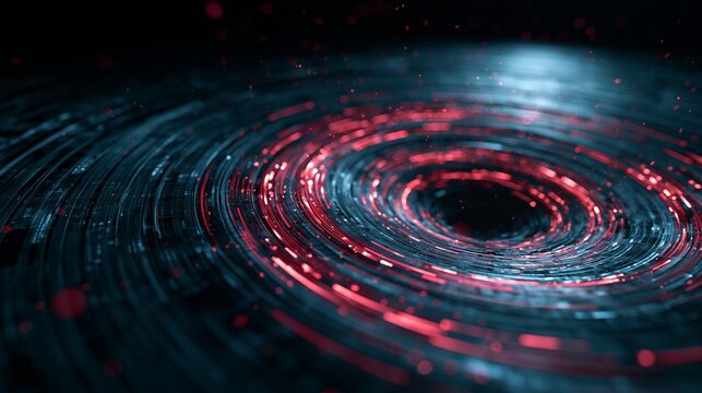 Glowing red light trails swirl around a dark metallic vortex created with digital circuitry lines in this abstract technological composition