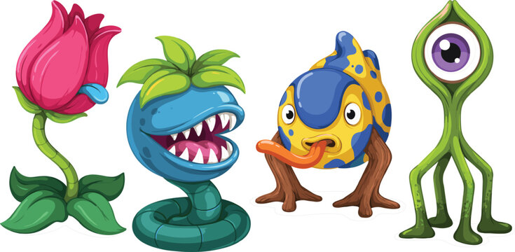 Fantasy Monster Plant and Alien Creature Illustration Set with Carnivorous Flower, Venus Flytrap, Colorful Reptile and One-Eyed Green Creature