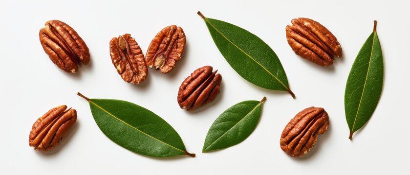 Set of thin pecan cross-sections and elongated green leaves, flat lay, pure white background