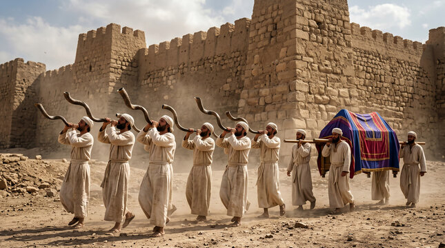 Seven priests blowing curved ram's horns (shofars) while marching solemnly around the towering stone walls of Jericho