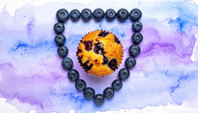 Blueberry muffin and fresh blueberries forming a heraldic shield on watercolor background