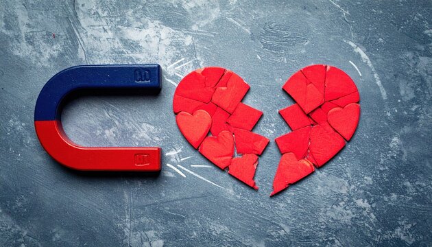 Magnet pulling a broken heart, mental health recovery and overcoming negative thoughts