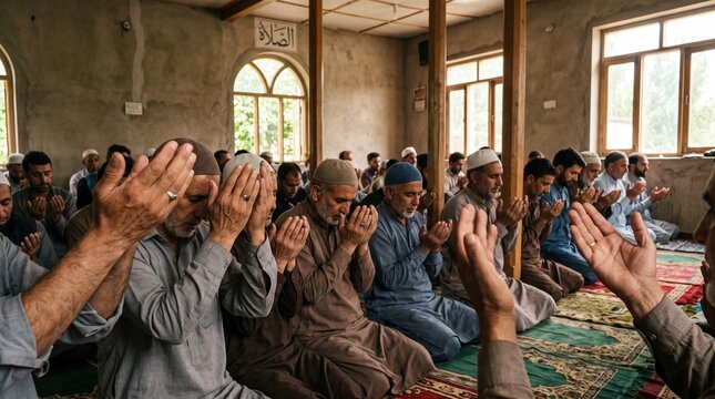 Worshippers raising hands in prayer inside a humble neighborhood mosque
