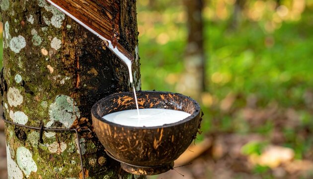 Rubber tree bark with fresh cut and white latex flowing into a natural coconut shell bowl