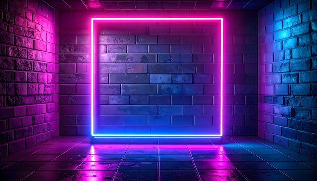 Blue Purple Neon Glow On Brick Wall Photo