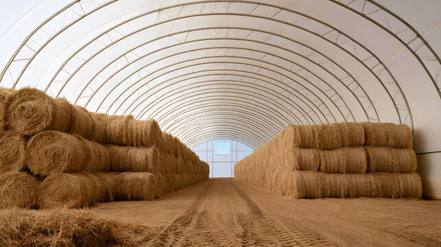 Hay Bales Stored inside Arched Agricultural Warehouse
