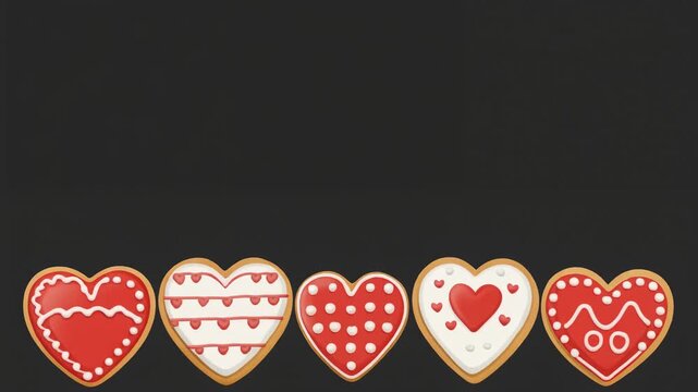 Decorative heart-shaped cookies row on black background, for valentine's day, celebration love romance