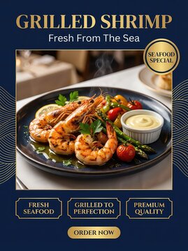 Luxury Grilled Shrimp Menu Template, Fresh Seafood Restaurant Design With Vegetables, Premium Dining Category Brochure Layout, Hot Meal Cooking Promotion