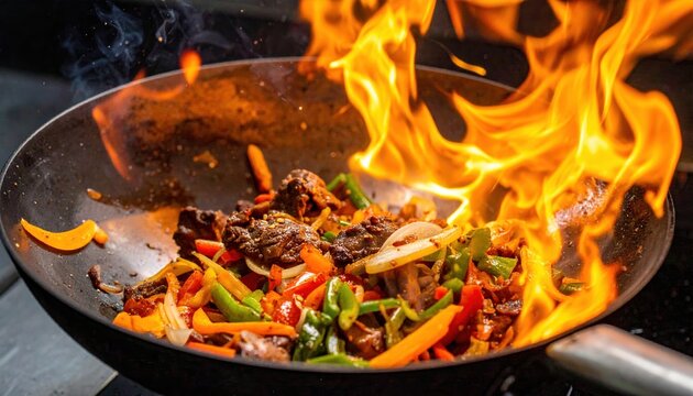 Lomo saltado ingredients flying through flames in a wok, stir fried beef and vegetables