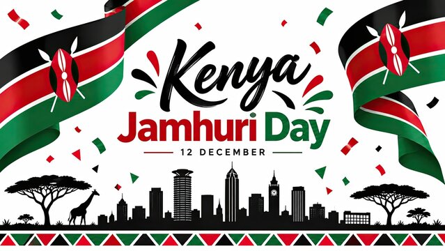 Kenya Jamhuri Day celebration graphic featuring the Kenyan flag, Nairobi skyline silhouette, acacia trees, wildlife, confetti, and the date 12 December.