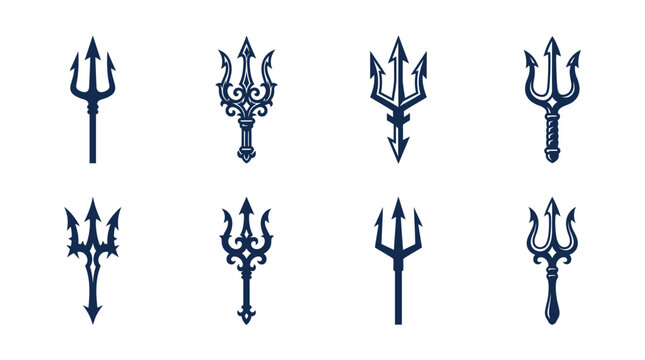 Dark blue trident icons featuring various ornate styles presented in a professional clean vector graphic set