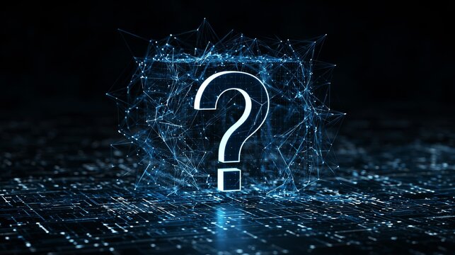 Glowing question mark symbol floating above abstract digital circuit board with intricate blue connected nodes and lines on dark background