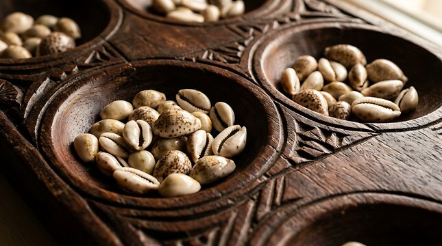 Cowrie Shells in Carved Wooden Mancala Board