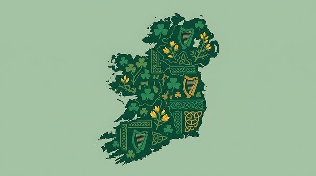 Stylized Map of Ireland with Celtic Symbols and Shamrocks