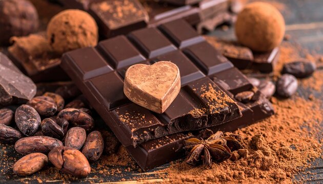 Dark brown chocolate bar, truffles, heart praline, and cocoa beans, rich gourmet dessert composition