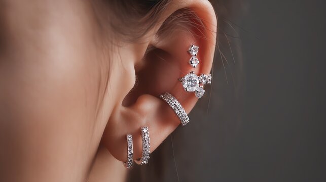 Close-up of stylish ear piercings with jewelry.