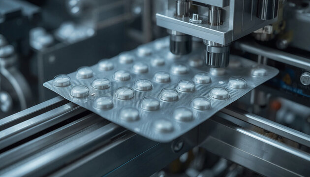 Automated pharmaceutical blister packaging machine sealing aluminium foil over uniform medicine tablets on conveyor
