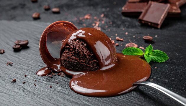 Dark chocolate ice cream quenelle melting on slate plate, indulgent dessert concept