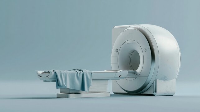 Modern medical mri scanner machine with white casing and soft blue fabric draped on bed isolated against clean studio background