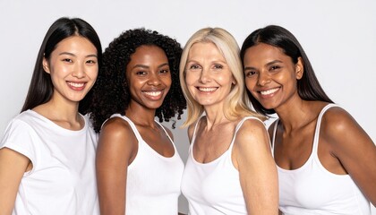 Fototapeta premium Diverse women of different ages and skin tones smiling together against a white background