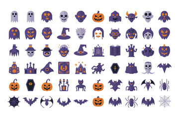 Obraz premium Comprehensive halloween themed icon set featuring ghosts pumpkins bats spiders and mysterious creatures for seasonal graphic projects