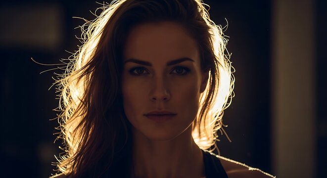 Woman stands boldly in dramatic backlighting with golden light framing her hair.