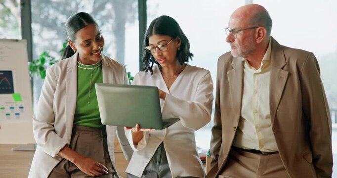 Real estate, discussion or team in home with laptop, buyer inquiry or feedback on house valuation. People, support or realtor staff with tech, listing review or collaboration with property evaluation