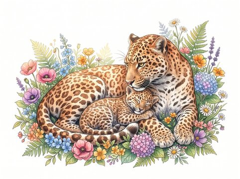 Watercolor illustration of a mother leopard and cub resting in a field of flowers