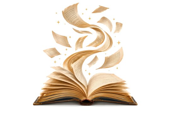 Magical open book with flying pages