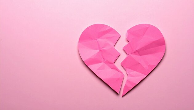 Broken pink paper heart torn in half, emotional distress heartbreak and relationship ending